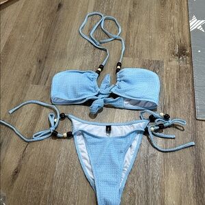 Light Blue Textured Bikini Set with bead accents halter top